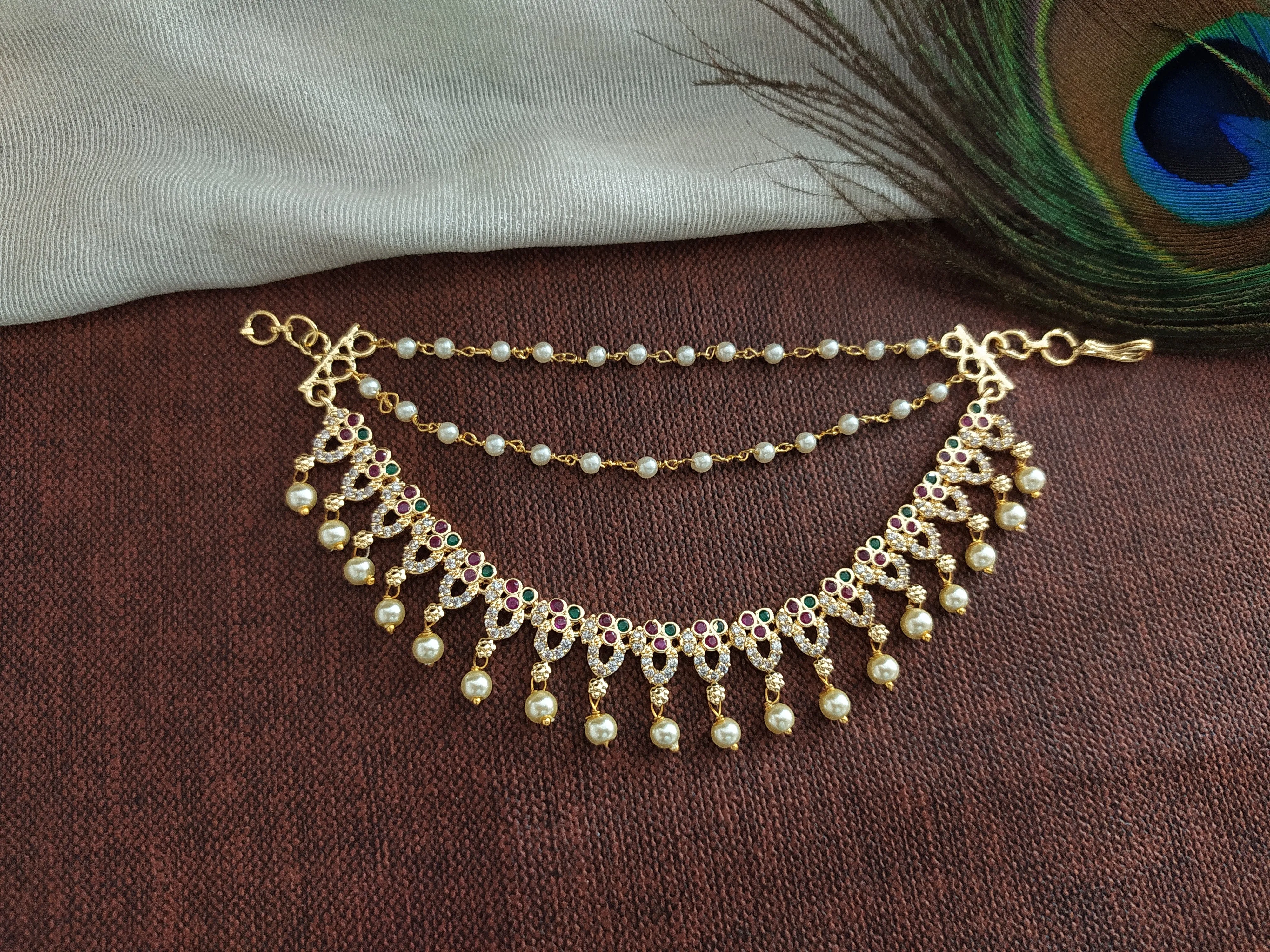 Zircon Stone Matil Gold Plated With Pearl Strands (Ear Chain)